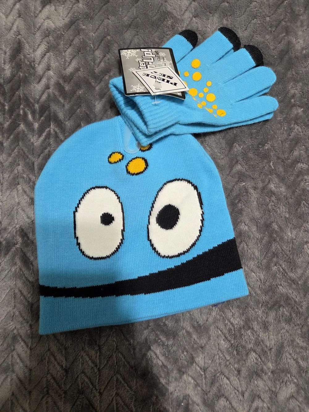 Blue Cartoon Face Kids Winter Hat and Gloves Set